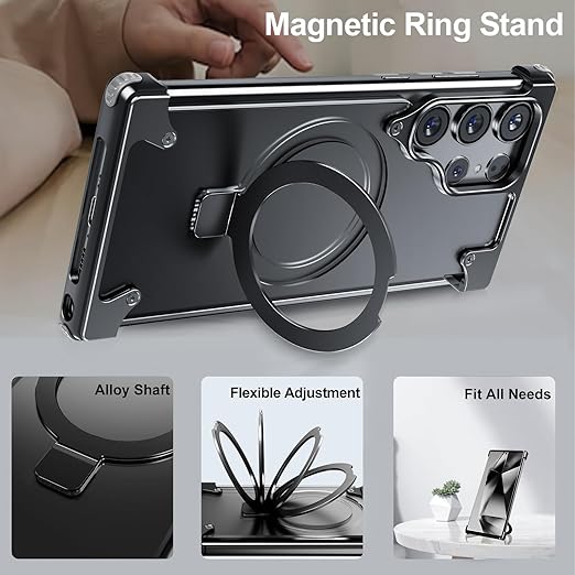 Samsung Galaxy S25 Ultra Metal Case, Frameless Thin Smoky Magsafe Cover Invisible Kickstand - Black