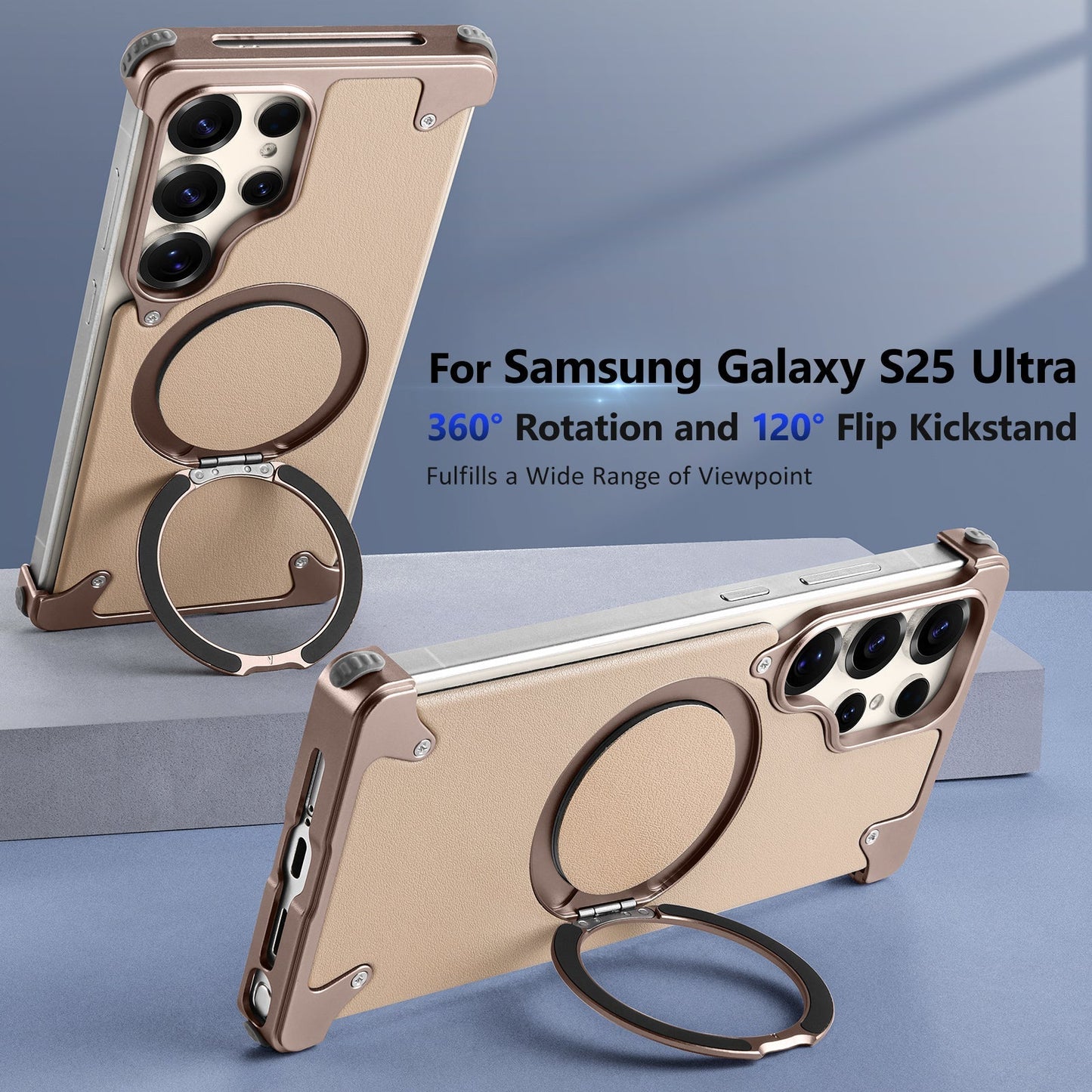 Samsung Galaxy S25 Ultra Metal Leather Case, Frameless Ultra Thin Leather Magsafe Strong Magnetic Kickstand with 360° Rotation Ring - Desert Titanium