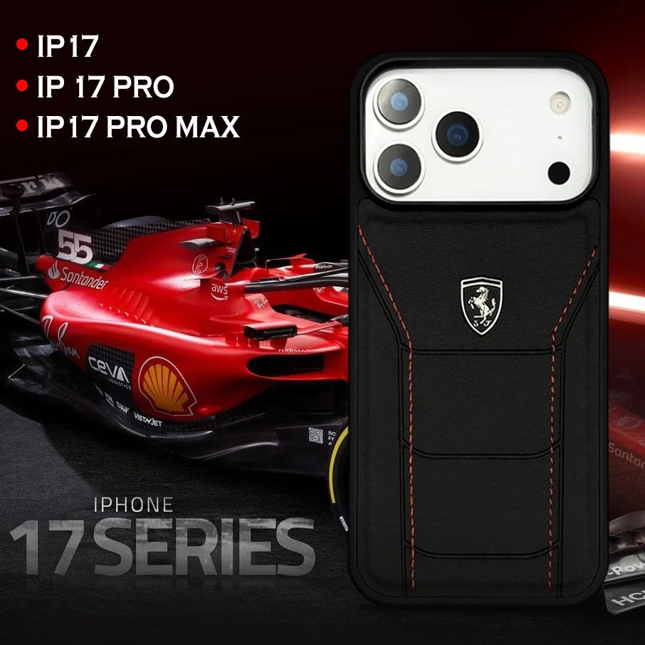 iPhone 17 Pro Ferrari Sports Car Heritage Leather Stitched Case - Black
