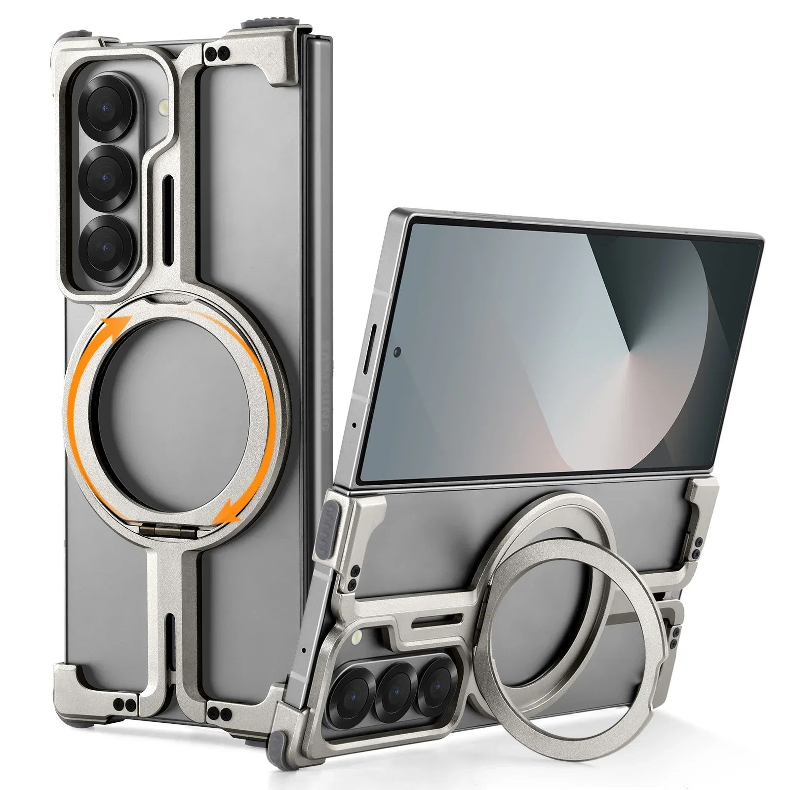 Samsung Galaxy Z Fold 6 Frameless Metal Bumper Magsafe Case with Magnetic Kickstand 360° Rotation Ring - Silver