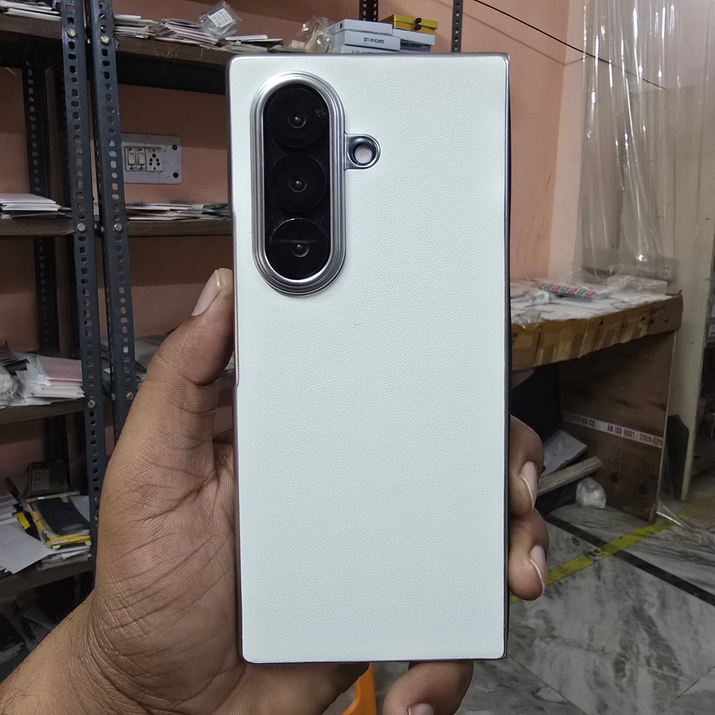 Samsung Galaxy Z Fold7 Premium Electroplating Leather Case Soft Inside - White