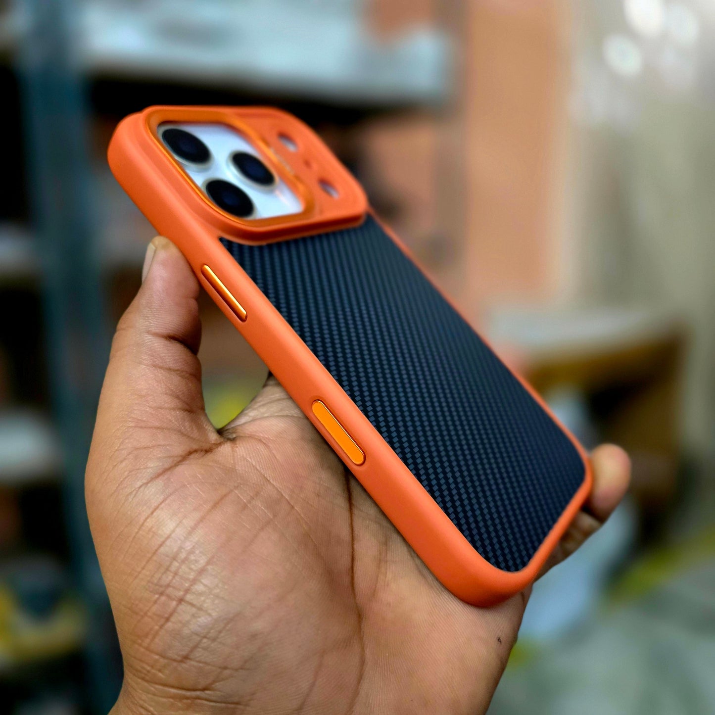 iPhone 17 Pro Max Soft Carbon Texture Case with Camera Control Button and Magsafe - Orange