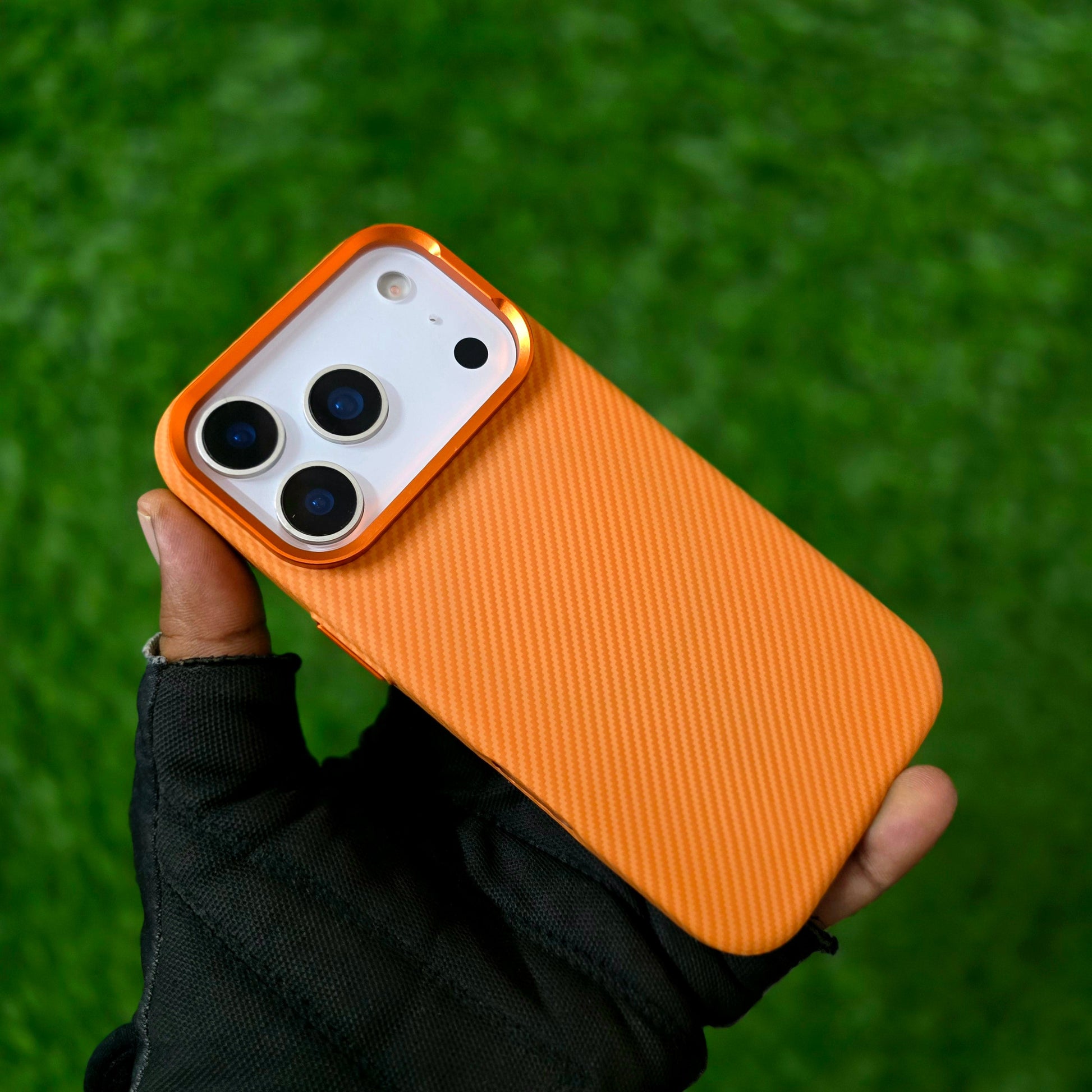 iPhone 17 Pro Max Carbon Case, 600D Carbon Fiber Texture Hard PC with Magsafe - Orange