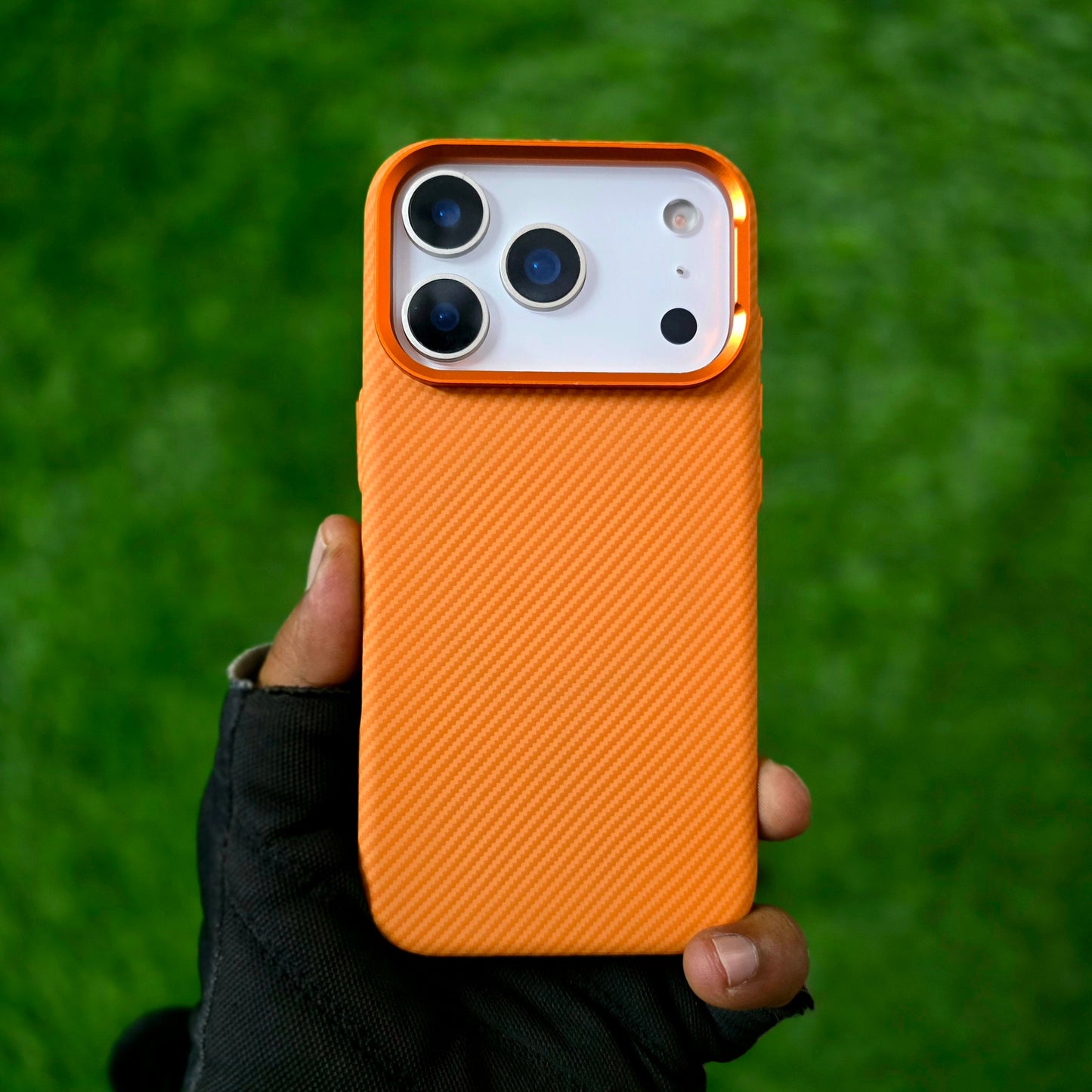 iPhone 17 Pro Max Carbon Case, 600D Carbon Fiber Texture Hard PC with Magsafe - Orange