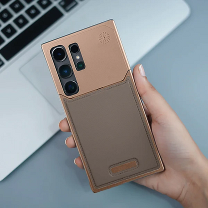 Samsung Galaxy S24 Ultra Metal Case, Aero Flex Aluminum Metal + Leather Frameless Design Bumper Case - Desert Brown