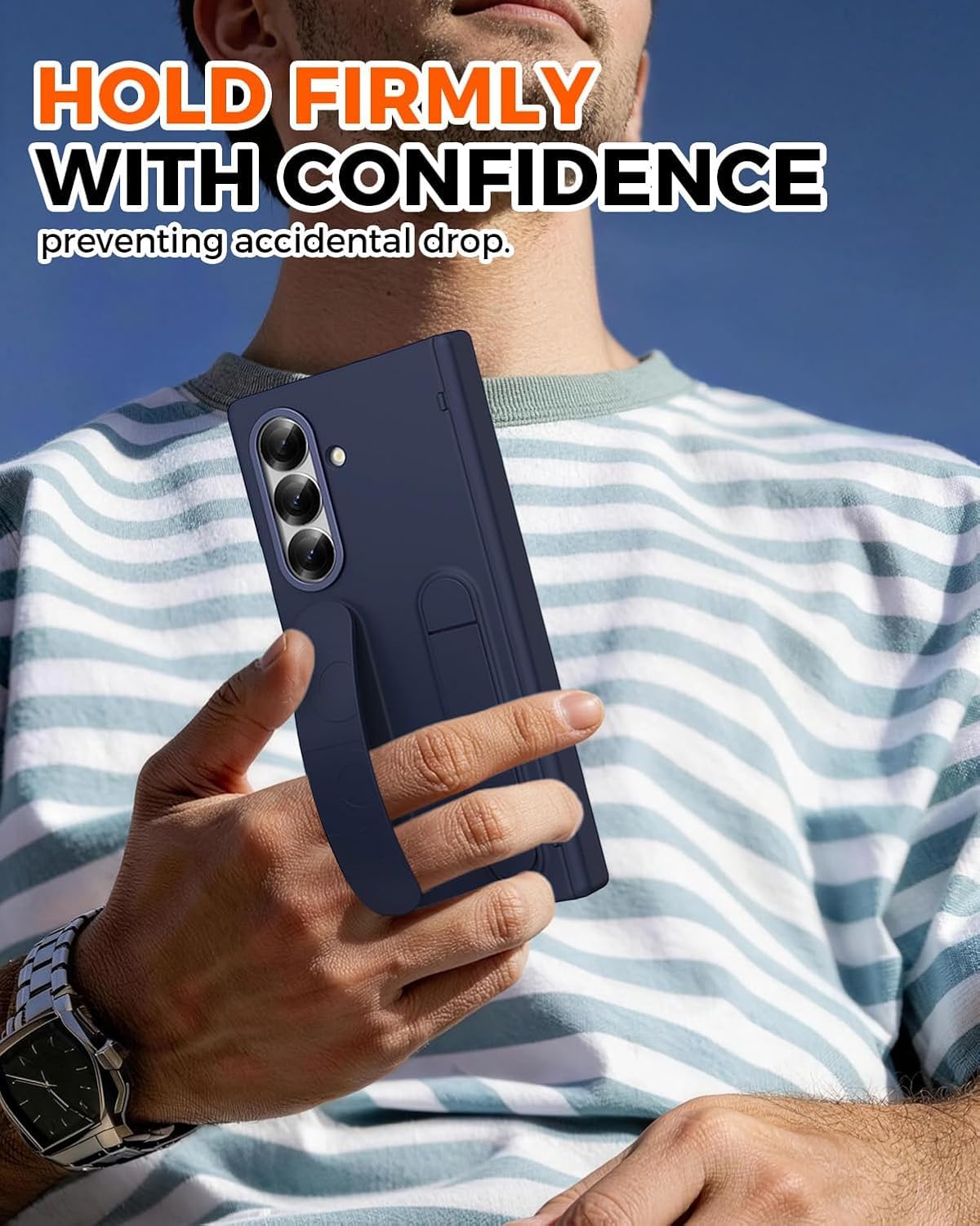 Samsung Z Fold8 Ultra Silicon Skin Feel Band Strip & Kickstand Case with Hinge Protection - Blue