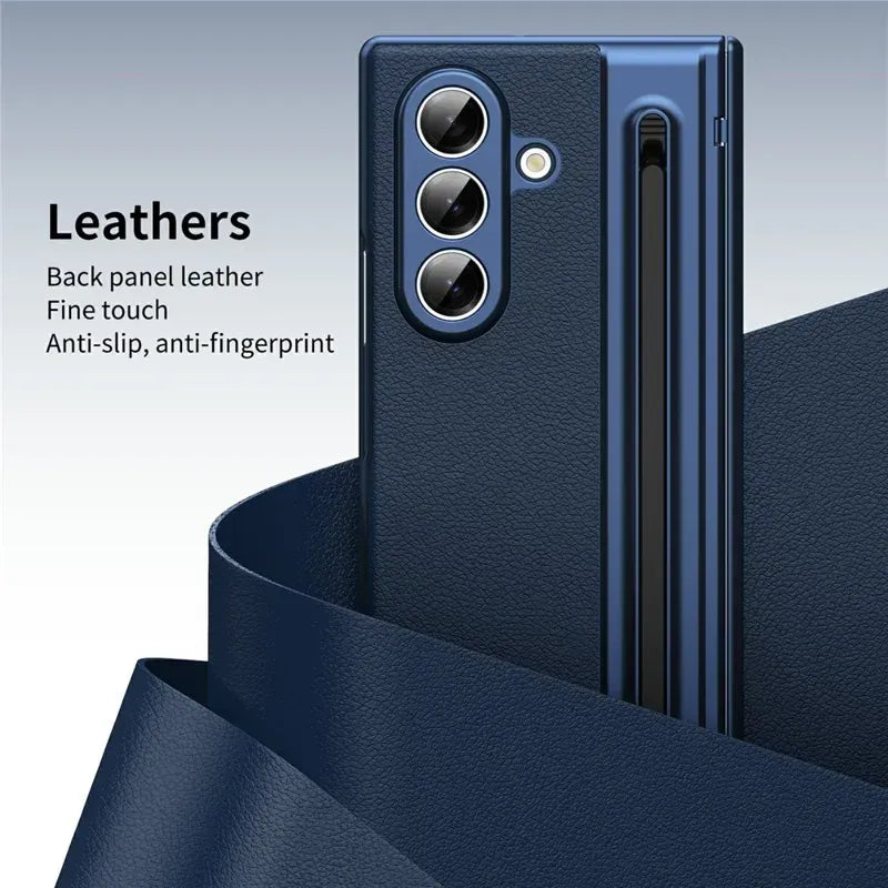 Samsung Z Fold8 Ultra Leather Case, Electroplating S Pen Case with Hinge Protection - Blue