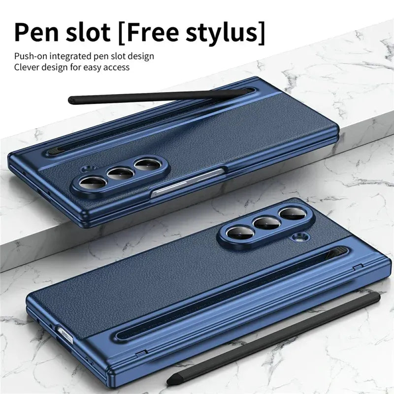 Samsung Z Fold8 Ultra Leather Case, Electroplating S Pen Case with Hinge Protection - Blue