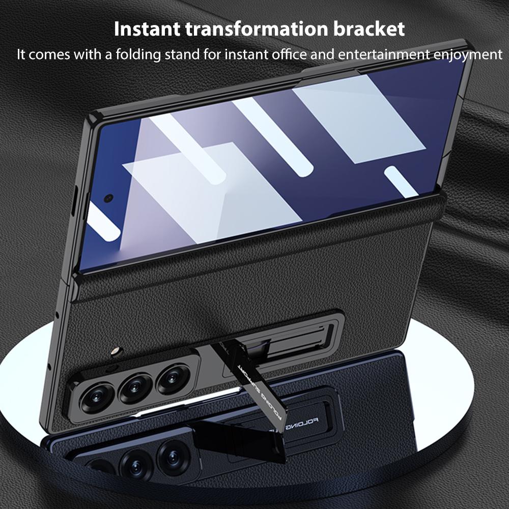 Samsung Galaxy Z Fold7 Leather Case, Phantom Series Kickstand Magnetic Hinge Protection - Titanium Grey