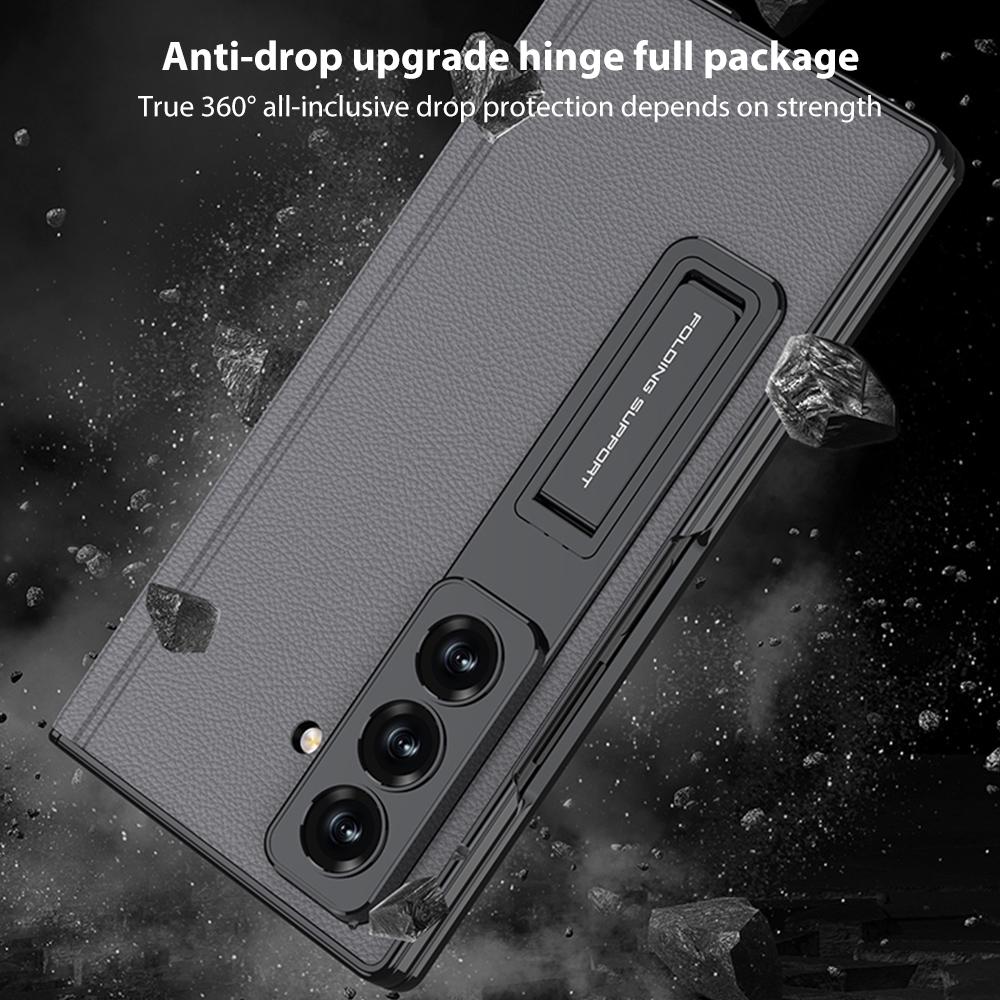 Samsung Galaxy Z Fold7 Leather Case, Phantom Series Kickstand Magnetic Hinge Protection - Titanium Grey