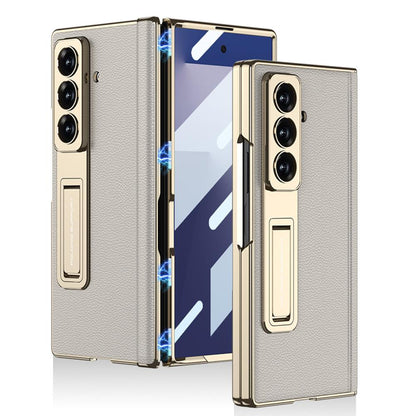 Samsung Galaxy Z Fold7 Leather Case, Phantom Series Kickstand Magnetic Hinge Protection - Titanium