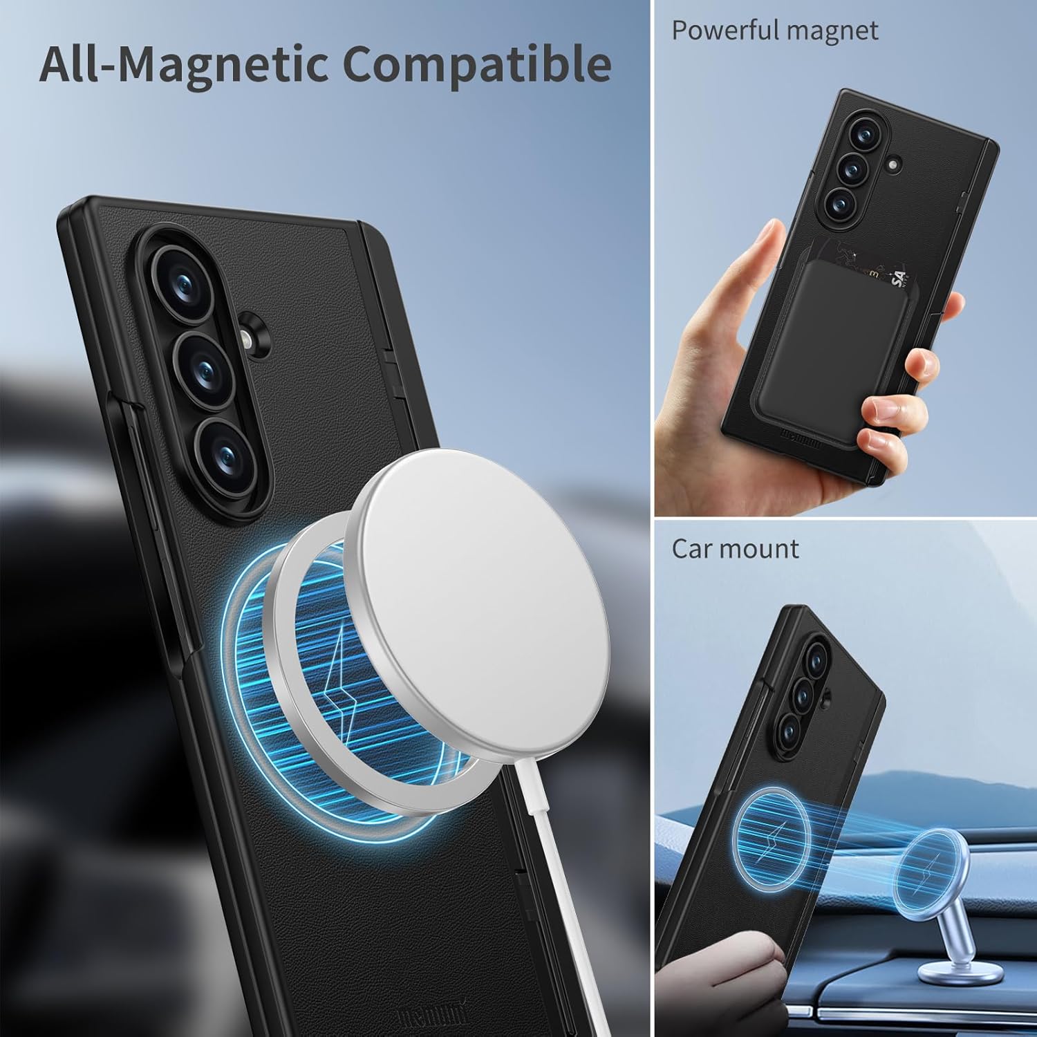 Samsung Galaxy Z Fold7 Memumi Leather Foldable Kickstand Hinge Protection Case Front Glass with Magsfae - Black