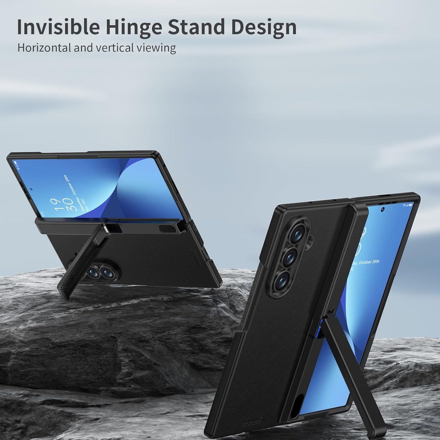 Samsung Galaxy Z Fold7 Memumi Leather Foldable Kickstand Hinge Protection Case Front Glass with Magsfae - Black