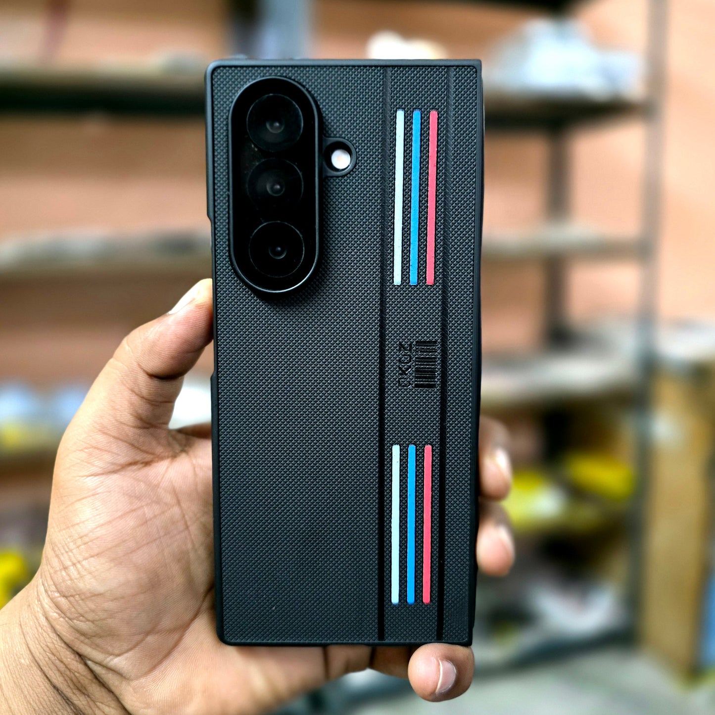 Samsung Galaxy Z Fold7 Tri Stripes Dotted Vegan Leather Back Cover - Black