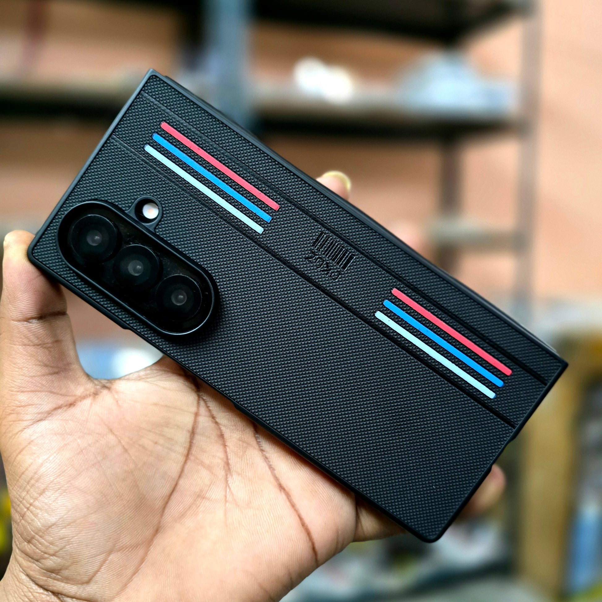 Samsung Galaxy Z Fold7 Tri Stripes Dotted Vegan Leather Back Cover - Black