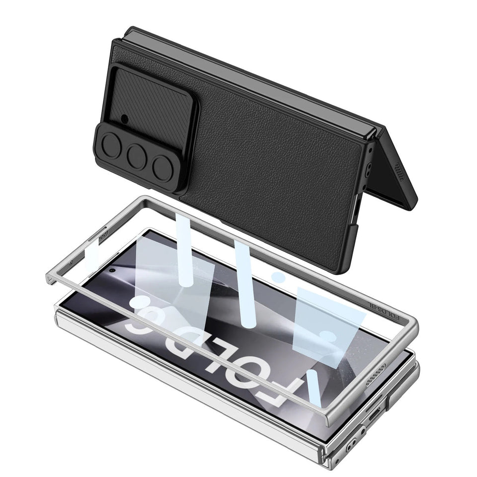 Samsung Galaxy Z Fold 6 Leather Case with Slide Camera Cover Front In-Built Glass - Black