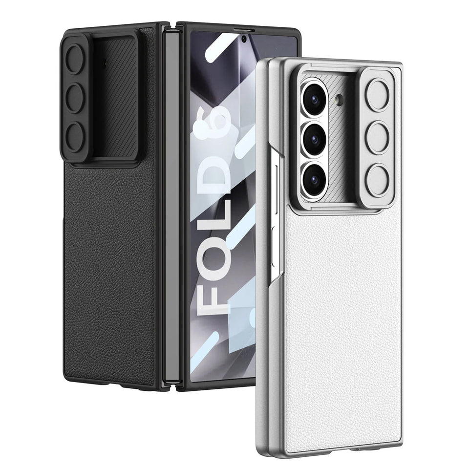 Samsung Galaxy Z Fold 6 Leather Case with Slide Camera Cover Front In-Built Glass - Silver