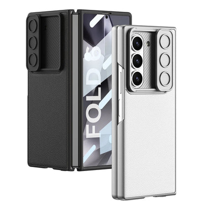 Samsung Galaxy Z Fold 6 Leather Case with Slide Camera Cover Front In-Built Glass - Silver