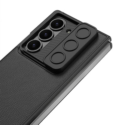Samsung Galaxy Z Fold 6 Leather Case with Slide Camera Cover Front In-Built Glass - Black