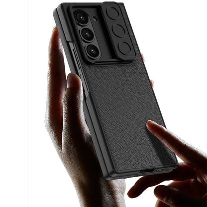 Samsung Galaxy Z Fold 6 Leather Case with Slide Camera Cover Front In-Built Glass - Black