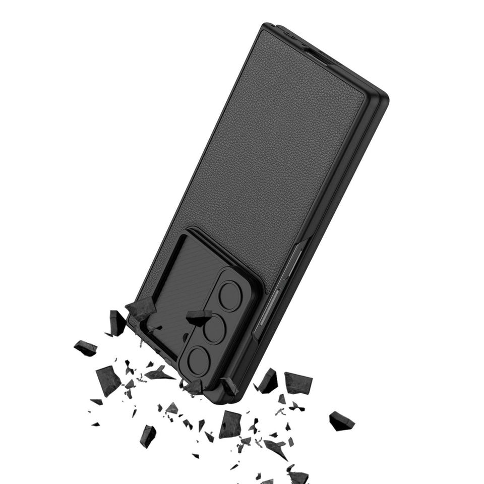 Samsung Galaxy Z Fold 6 Leather Case with Slide Camera Cover Front In-Built Glass - Black