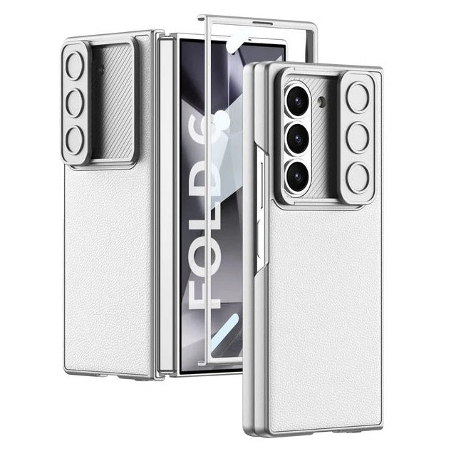 Samsung Galaxy Z Fold 6 Leather Case with Slide Camera Cover Front In-Built Glass - Silver