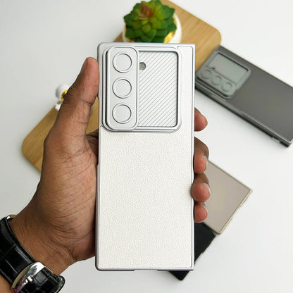 Samsung Galaxy Z Fold 6 Leather Case with Slide Camera Cover Front In-Built Glass - Silver