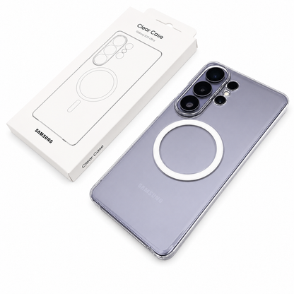 Samsung S26 Ultra Anti-Yellowing Crystal Clear Magsafe Case with Metalic Button & Camera Ring - White