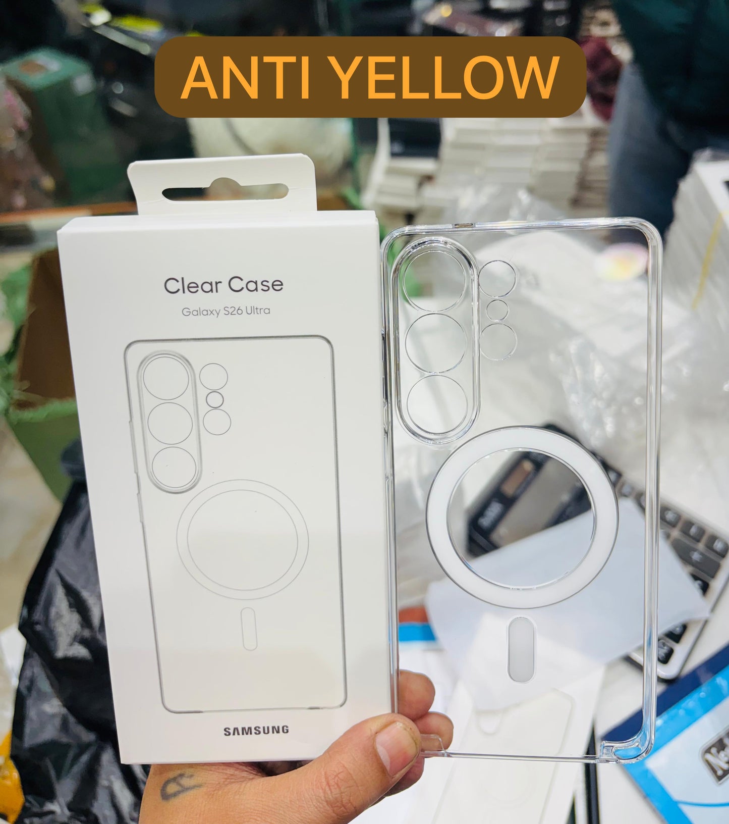 Samsung S26 Ultra Anti-Yellowing Crystal Clear Magsafe Case with Metalic Button & Camera Ring - White
