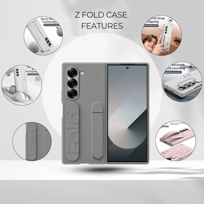 Samsung Galaxy Z Fold6 Silicon Case with Kickstand & Band (In-Built Front Glass) - Grey
