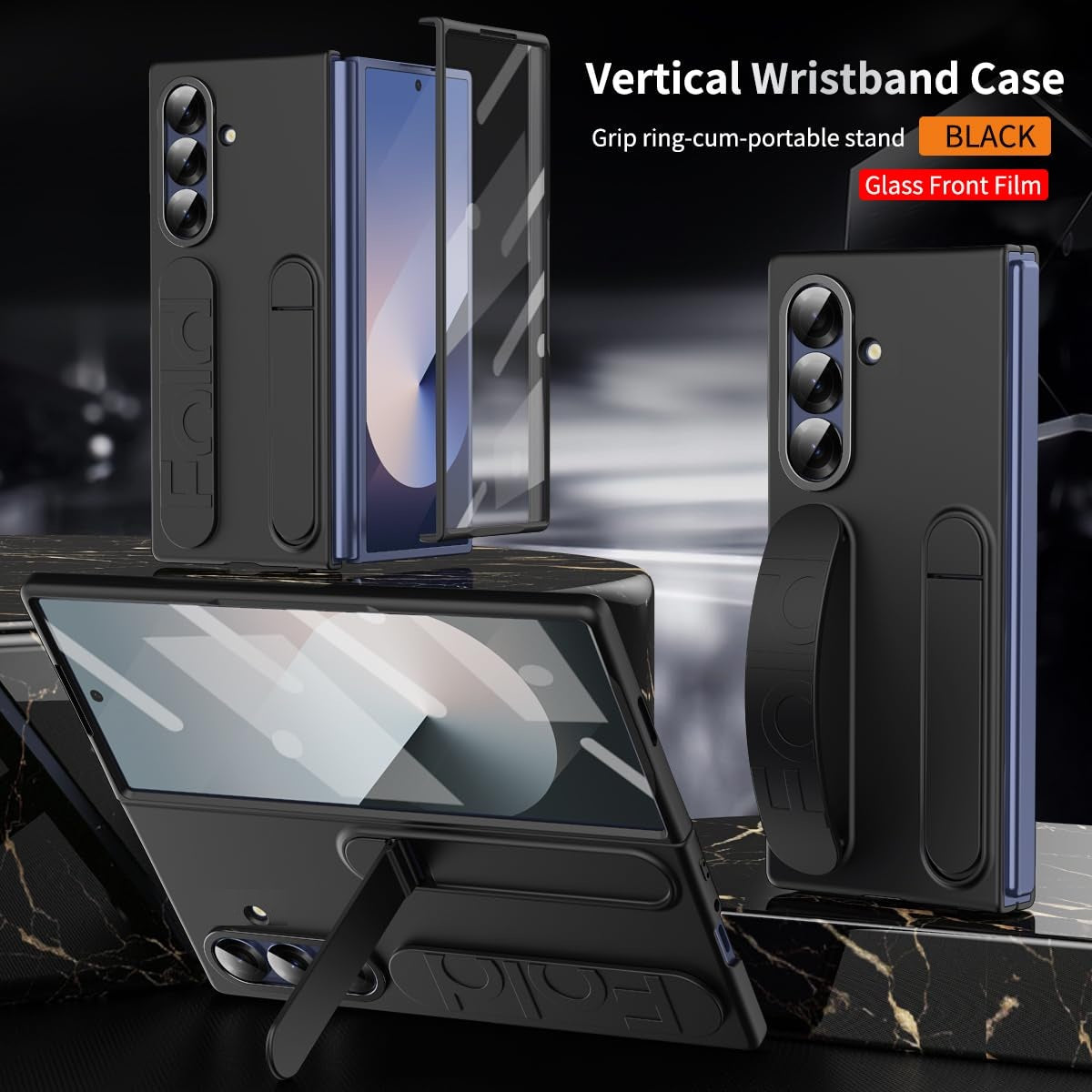 Samsung Z Fold8 Ultra Skin Feel Silicon Case with Kickstand & Band in Built Front Glass - Black