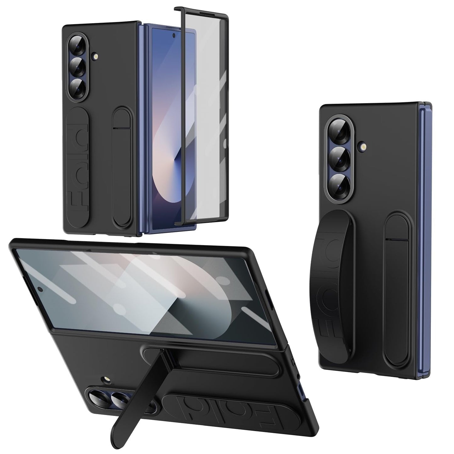 Samsung Z Fold8 Ultra Skin Feel Silicon Case with Kickstand & Band in Built Front Glass - Black
