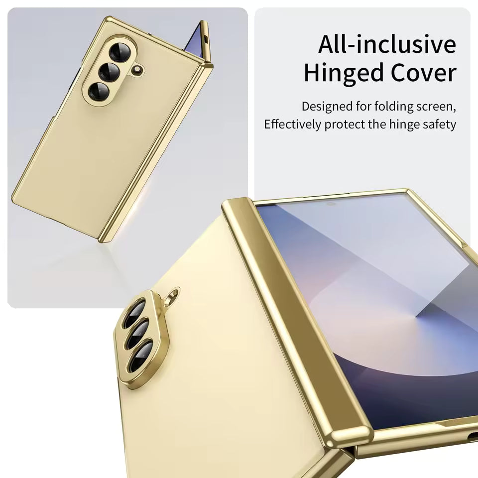 Samsung Galaxy Z Fold7 AG Matte Leather Golden Border with Steel Film, Hinge Protection & Front Glass - Golden