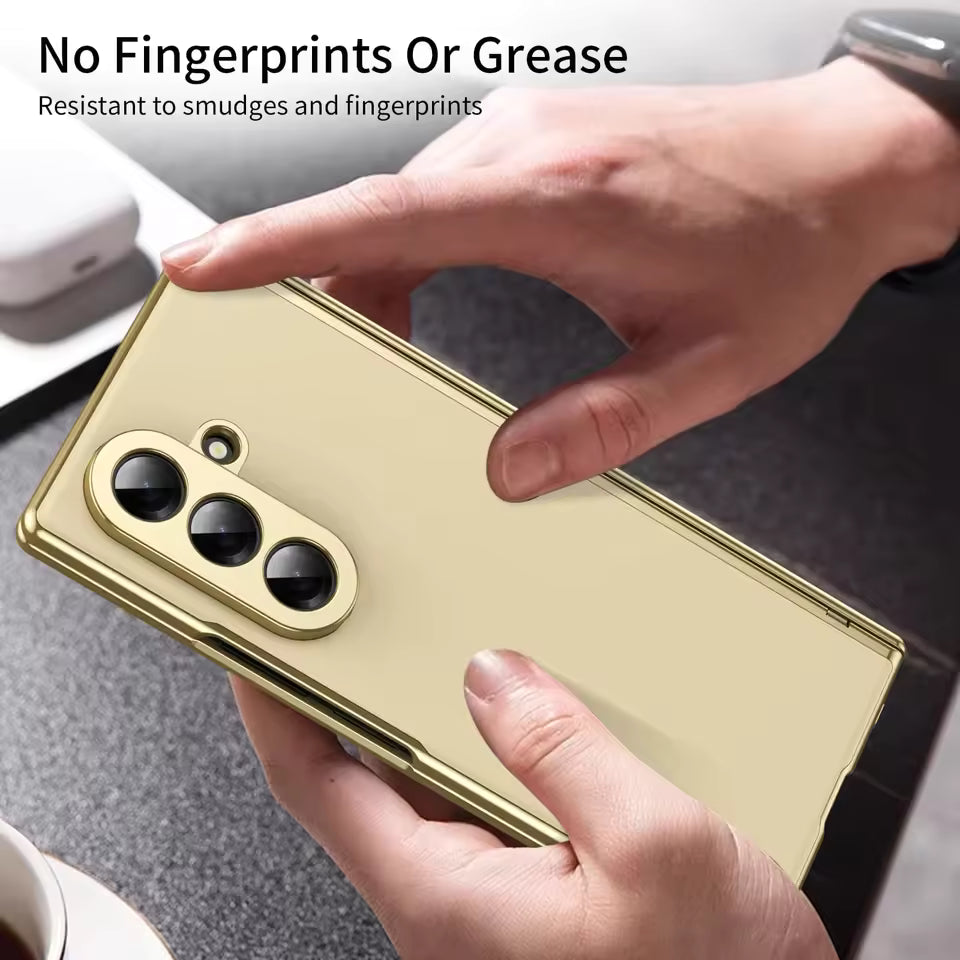 Samsung Galaxy Z Fold7 AG Matte Leather Golden Border with Steel Film, Hinge Protection & Front Glass - Golden
