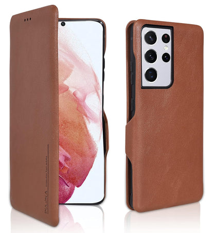Samsung Galaxy S25 Ultra Leather Flip Case, Shockproof, Card Slot with Kickstand -  Brown