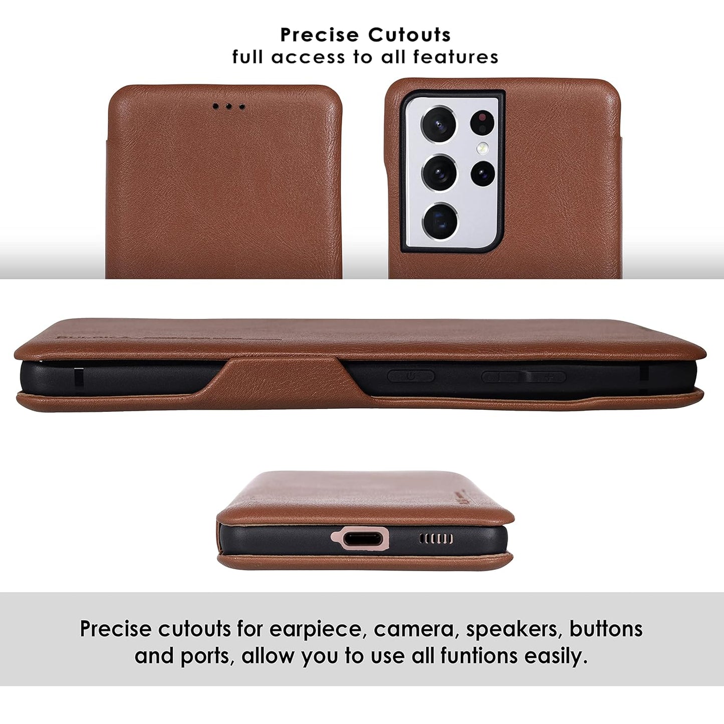 Samsung Galaxy S25 Ultra Leather Flip Case, Shockproof, Card Slot with Kickstand -  Brown