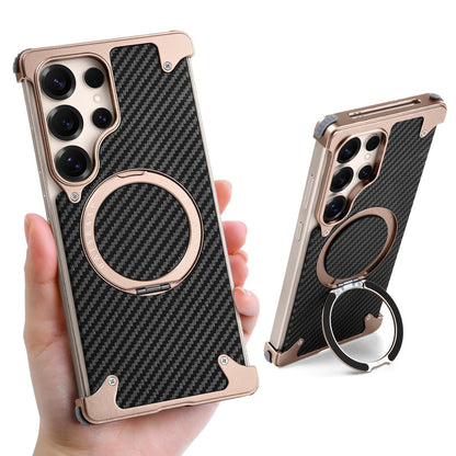 Samsung Galaxy S25 Ultra Metal Case, Frameless Metal Carbon Case Strong Magnetic Kickstand with 360° Rotation Ring