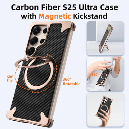Samsung Galaxy S25 Ultra Metal Case, Frameless Metal Carbon Case Strong Magnetic Kickstand with 360° Rotation Ring