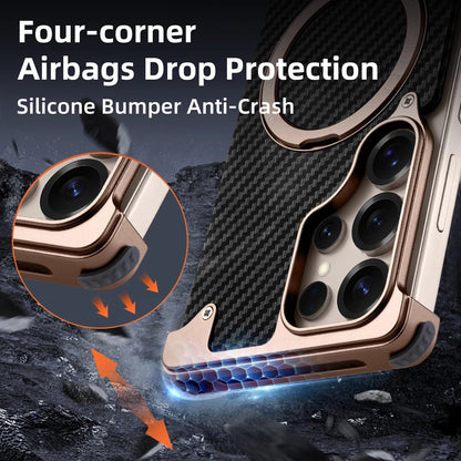 Samsung Galaxy S25 Ultra Metal Case, Frameless Metal Carbon Case Strong Magnetic Kickstand with 360° Rotation Ring