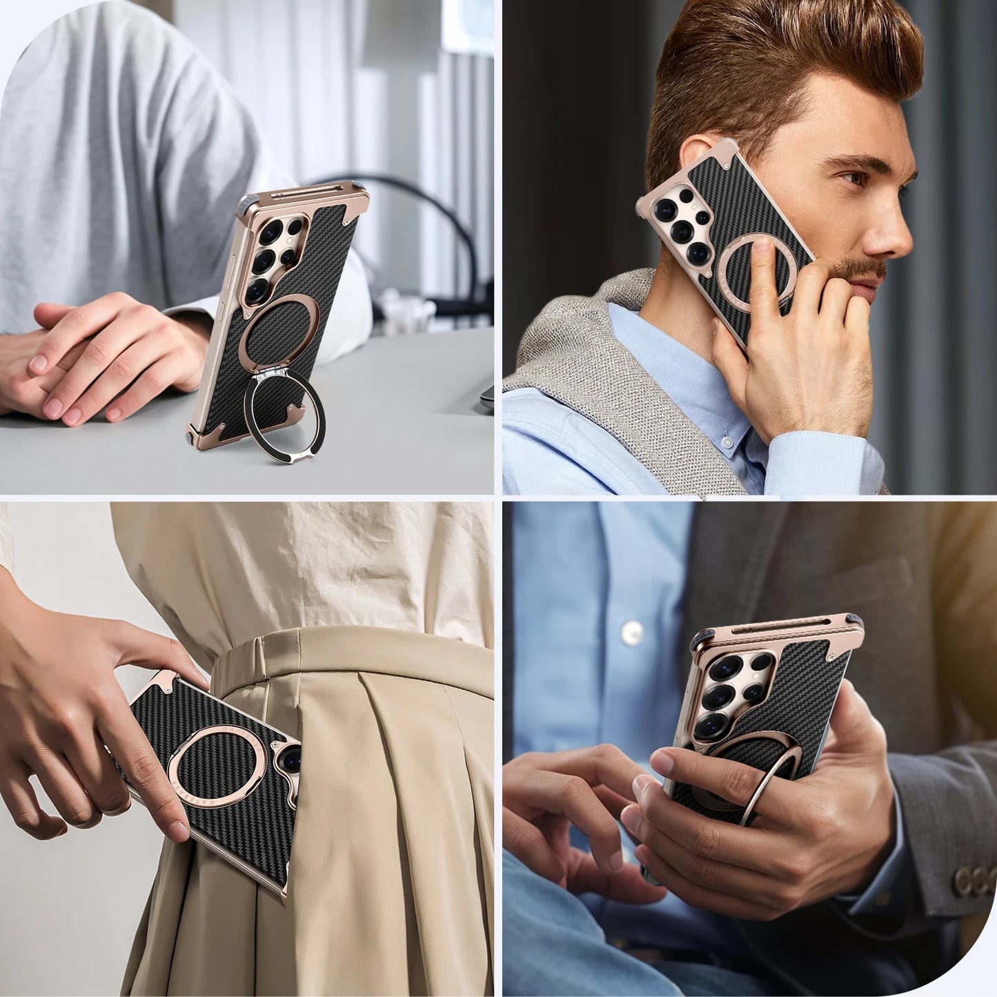 Samsung Galaxy S25 Ultra Metal Case, Frameless Metal Carbon Case Strong Magnetic Kickstand with 360° Rotation Ring