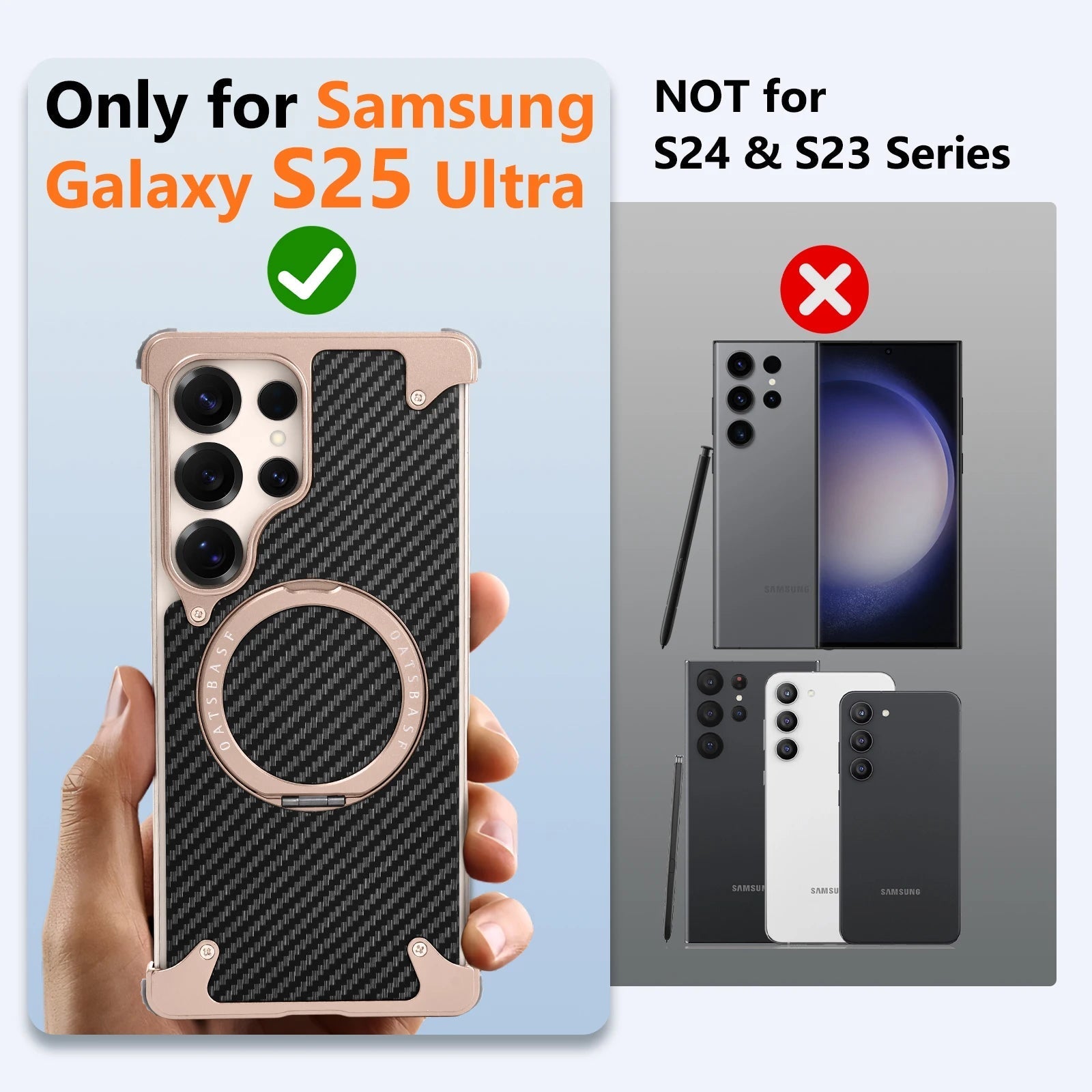 Samsung Galaxy S25 Ultra Metal Case, Frameless Metal Carbon Case Strong Magnetic Kickstand with 360° Rotation Ring