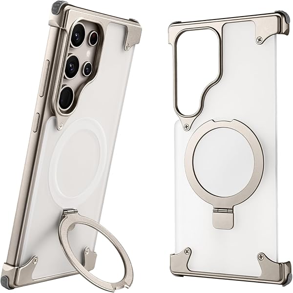 Samsung Galaxy S25 Ultra Metal Case, Frameless Ultra Thin Smoky Anti-Fingerprint Magsafe Case with Magnetic Invisible Kickstand - Desert Titanium
