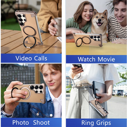 Samsung Galaxy S25 Ultra Metal Leather Case, Frameless Ultra Thin Leather Magsafe Strong Magnetic Kickstand with 360° Rotation Ring - Desert Titanium