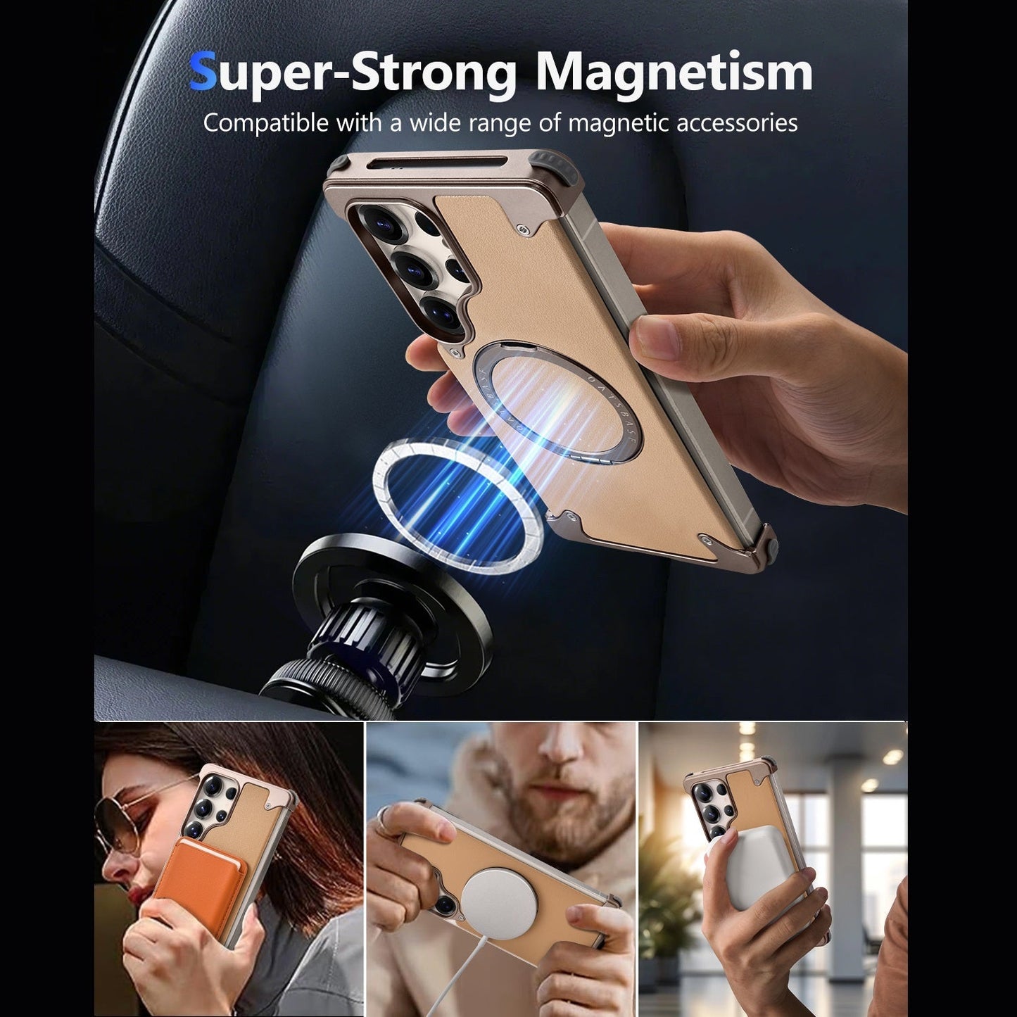 Samsung Galaxy S25 Ultra Metal Leather Case, Frameless Ultra Thin Leather Magsafe Strong Magnetic Kickstand with 360° Rotation Ring - Desert Titanium