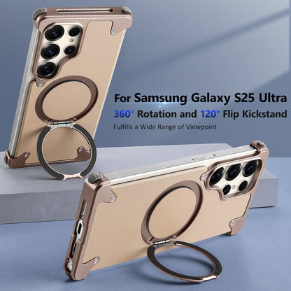 Samsung Galaxy S25 Ultra Metal Leather Case, Frameless Ultra Thin Leather Magsafe Strong Magnetic Kickstand with 360° Rotation Ring - Desert Titanium