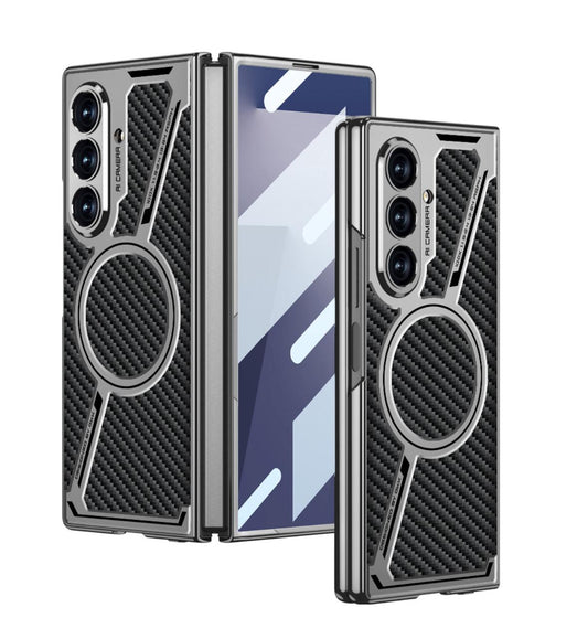 Samsung Galaxy Z Fold7 Gkk Carbon Texture Leather Magnetic Case with Magsafe with Front Glass