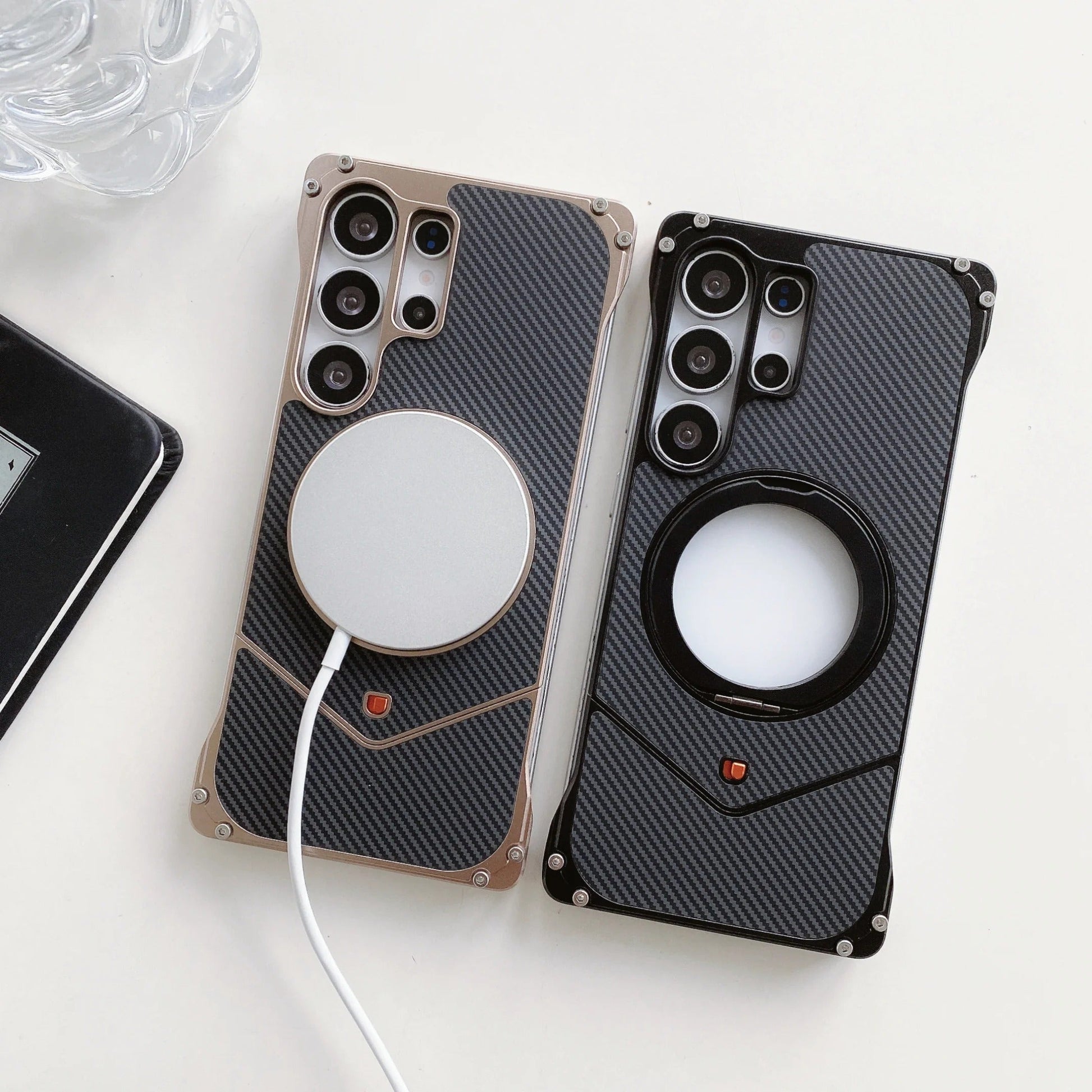 Samsung Galaxy S25 Ultra Metal Case, Frameless Metal Carbon Cover Strong Kickstand 360° Rotation Ring - Titanium