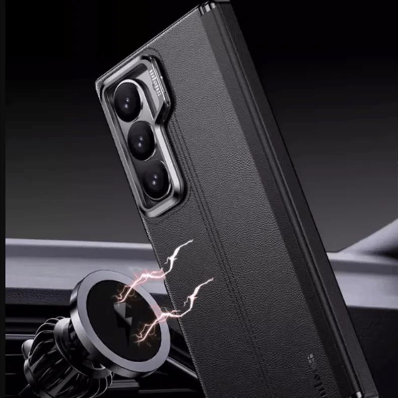 Samsung Galaxy Z Fold 6 Genuine Leather Magsafe Case with Metal Kickstand & Hinge Protection (No Front)