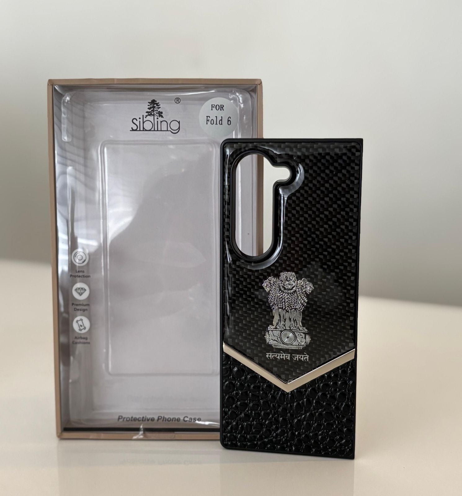 Samsung Galaxy Z Fold6 "Satyamev Jayate" Crock & Carbon Pattern Printed Logo Case