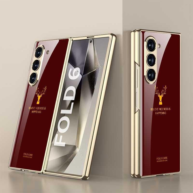 Samsung Galaxy Z Fold6 Original GKK Glossy Deer Glass Case with Front Glass - Wine Deer